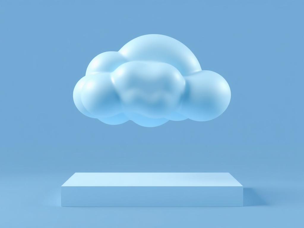 3D render of a stylized cloud with subtle blue gradients and soft shadows, floating above a simple geometric base, high contrast lighting, 8k product photography style.
